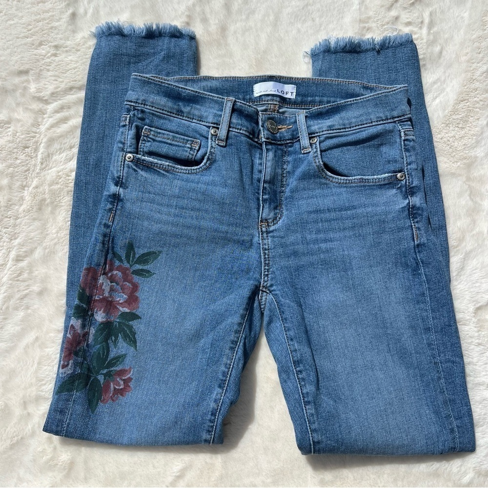 LOFT Floral Skinny Jeans Raw Hem Ankle Denim Size 25 - Picture 5 of 13